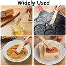 A four-panel collage showing a wooden-handled silicone brush used widely in cooking: dipping oil, brushing a round pan, brushing a pancake, and spreading jam on toast. Large text at the top reads 'Widely Used'.