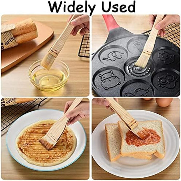 A four-panel collage showing a wooden-handled silicone brush used widely in cooking: dipping oil, brushing a round pan, brushing a pancake, and spreading jam on toast. Large text at the top reads 'Widely Used'.