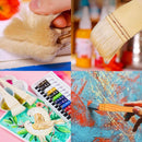 A four-panel collage showing hands using and holding paint brushes: a beige brush on light tan fur, a close-up of a brush tip with bristles dripping, a set of watercolor paints and brushes on a pink surface, and a hand painting with thick blue and orange paint.