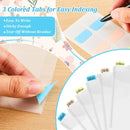 A close-up of hands applying translucent sticky index tabs with colored backing to a floral notebook page. Text at the top reads '3 Colored Tabs for Easy Indexing' with bullet points about easy writing, sticky use, and tear-off residue.