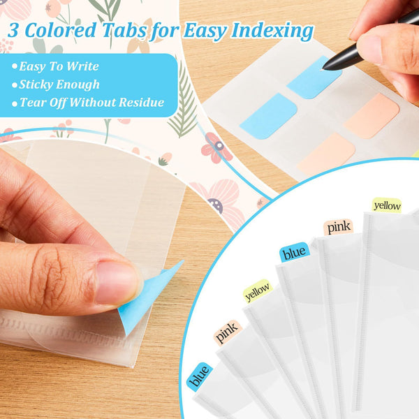 A close-up of hands applying translucent sticky index tabs with colored backing to a floral notebook page. Text at the top reads '3 Colored Tabs for Easy Indexing' with bullet points about easy writing, sticky use, and tear-off residue.