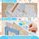 A before-and-after collage demonstrating a scrapbook storage bag. The top panel, labeled 'Before using', shows patterned scrapbook papers, a wooden ruler, and gold-handled scissors on a light wood surface.