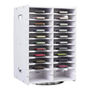 A white plastic cassette tape organizer rack with multiple horizontal shelves holding various cassette tapes, shown on a plain white background.