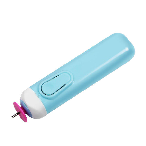 A light blue handheld electric rotary tool with a white accent at the base and a pink circular attachment, shown on a plain white background.