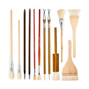 A set of 12 wooden-handled paint brushes and a large wooden palette brush arranged vertically on a plain white background.