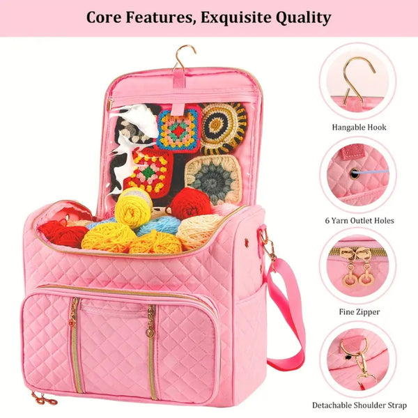 Pink knitting bag with yarn and crochet items, featuring core features on a pink background.