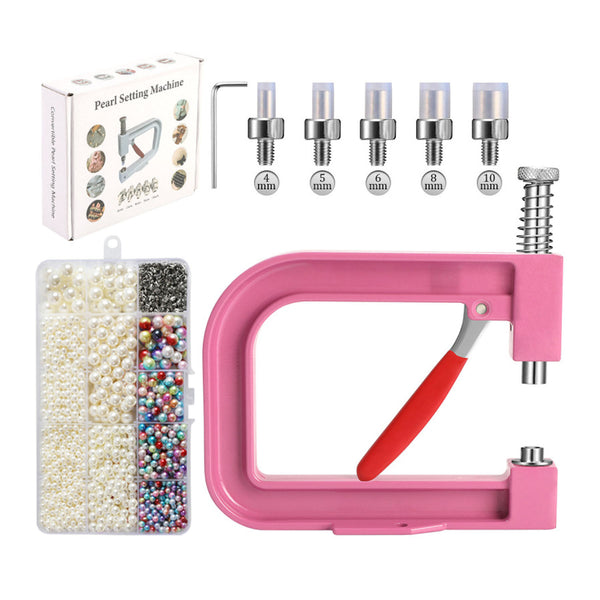 Pink pearl setting machine with accessories on a white background