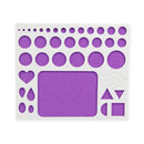 Purple stencils with various shapes on a white background