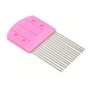 Pink plastic comb with metal teeth on a white background
