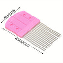 Pink comb with metal teeth and measurements on a white background