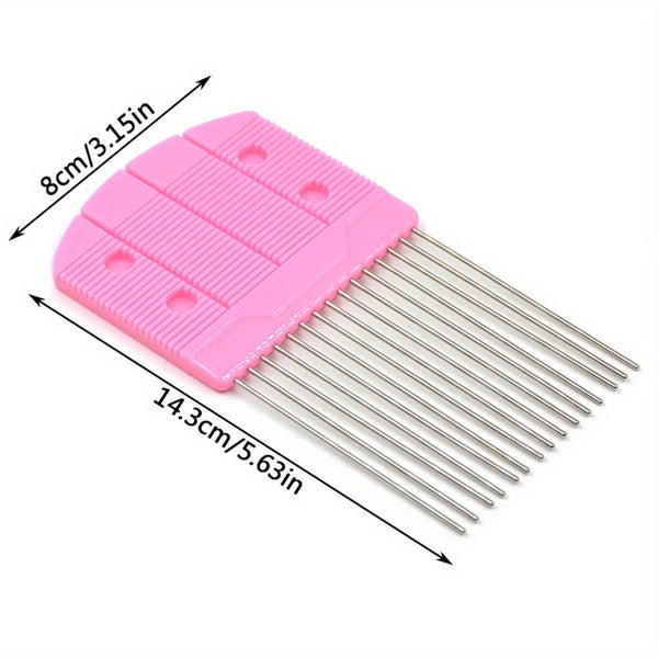 Pink comb with metal teeth and measurements on a white background
