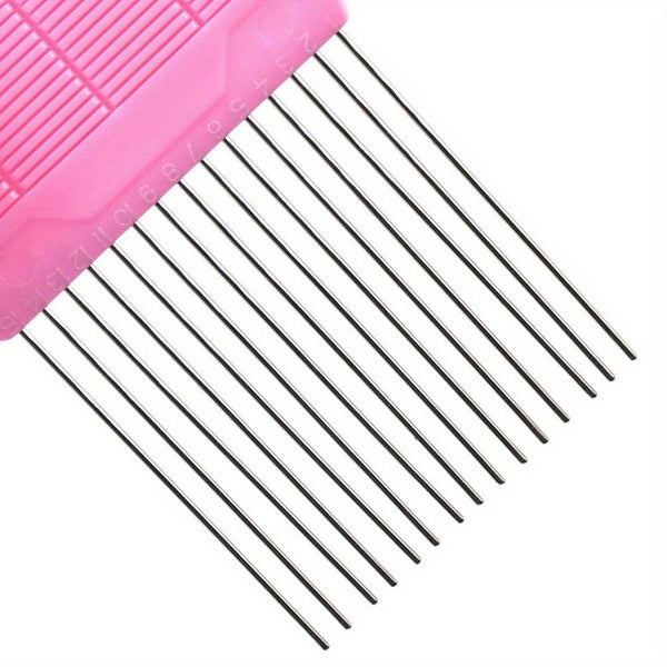 Pink comb with metal teeth on a white background