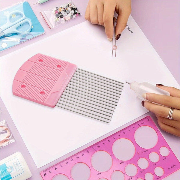 Pink comb, ruler, and scissors on a pink surface with hands using them.