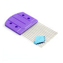 Purple comb with metal teeth and a blue plastic component on a white background
