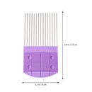 Purple pet grooming comb with measurements on a white background