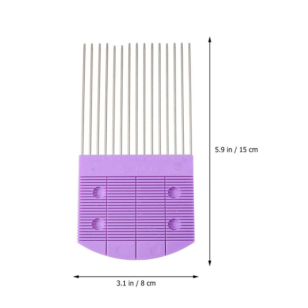 Purple pet grooming comb with measurements on a white background