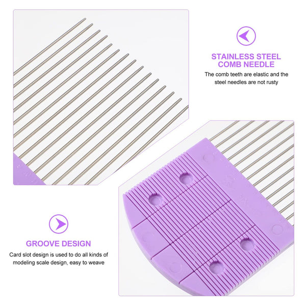 Purple comb needle tool with text highlighting features on a white background