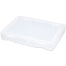 Clear plastic storage box on a white background