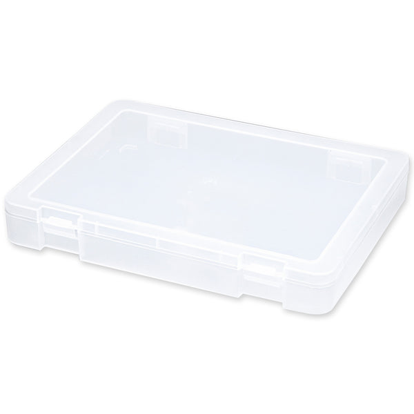 Clear plastic storage box on a white background
