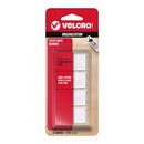 Velcro organization sticky back squares in retail packaging, featuring four white adhesive squares on a red and clear blister card.