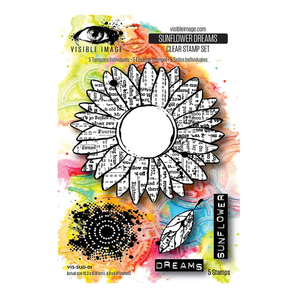 Sunflower-themed stamp set with colorful background and visible brand name.