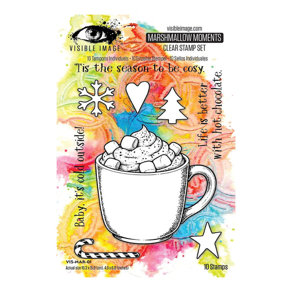 Marshmallow Moments clear stamp set by Visible Image, featuring a hot chocolate mug with whipped cream and marshmallows, a candy cane, snowflake, heart, Christmas tree, and text phrases on a colorful watercolor-style background.