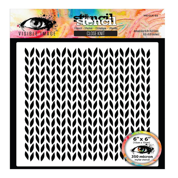 Stencil sheet with a black close-knit leaf pattern on a white sheet, shown with the product header card and a circular size/quality badge. Visible text includes 'Stencil', 'Close Knit', and 'Visible Image'.