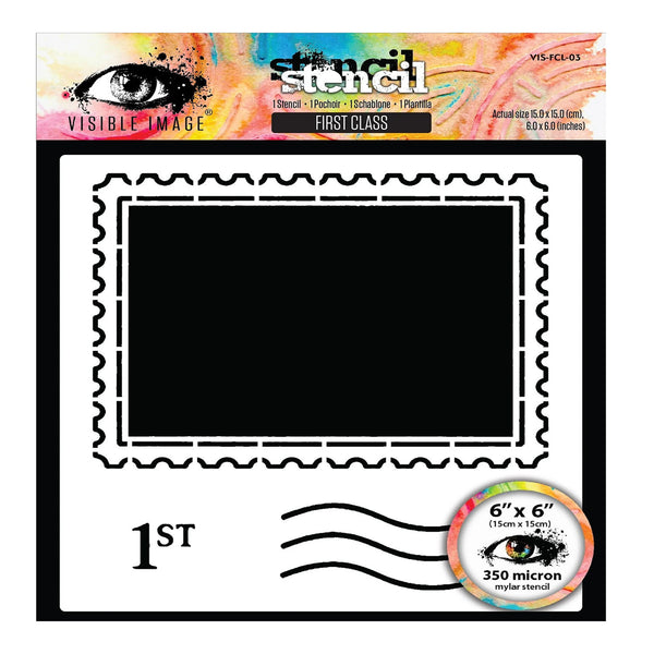 Visible Image Stencil First Class stamp stencil template, 6x6 inches, featuring a black rectangular cutout with a scalloped border and postmark lines on a white sheet.
