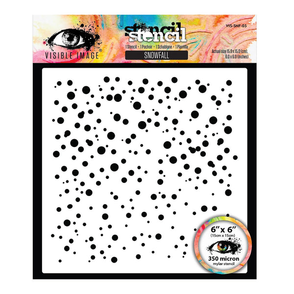 Stencil sheet with black circular dot patterns of varying sizes on a white background, packaged with a colorful header card labeled 'stencil' and 'SNOWFALL'.