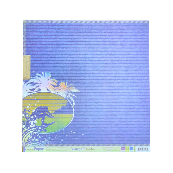 A square sheet of scrapbook paper with a textured blue and purple striped background, featuring a tropical palm tree design with a yellow and green sun in the lower-left corner.
