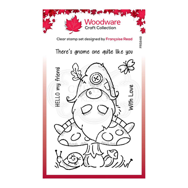 Clear stamp set with a gnome design by Woodware on a white background