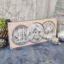 A square decorative card or plaque with a pale pink background and three circular cutouts showing black-and-white winter bird scenes, displayed on a textured blue surface with holiday ornaments and a tree in the background.