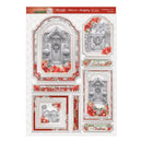 A sheet of holiday-themed die-cut stickers featuring snowy doorways, red poinsettias, and festive text such as 'Christmas on Your Doorway' and 'Season's Greetings' on a white background.