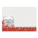 A square Christmas-themed decorative card or print featuring a snowy gray cottage on the left, red poinsettias and snowflakes along the bottom, and a white textured background with vertical streaks.