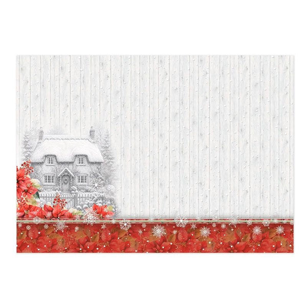 A square Christmas-themed decorative card or print featuring a snowy gray cottage on the left, red poinsettias and snowflakes along the bottom, and a white textured background with vertical streaks.