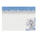 A square decorative card or print featuring a winter scene with a blue snow-covered top band, white vertical wood planks below, and a small birdhouse with blue flowers in the lower right corner.