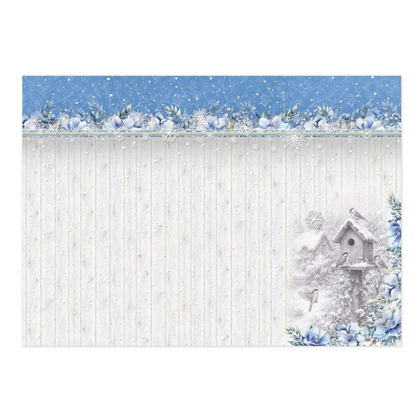 A square decorative card or print featuring a winter scene with a blue snow-covered top band, white vertical wood planks below, and a small birdhouse with blue flowers in the lower right corner.
