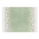 A rectangular photography backdrop with a sage green center patterned with a subtle snowflake design, bordered on the sides by white faux wood planks and white floral garlands with green leaves.