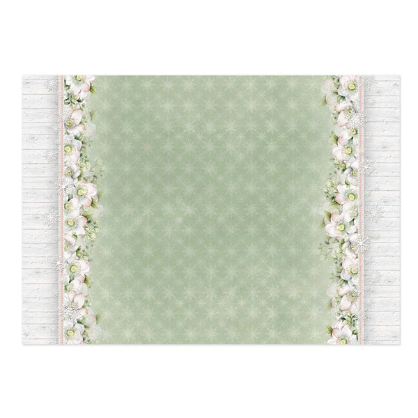 A rectangular photography backdrop with a sage green center patterned with a subtle snowflake design, bordered on the sides by white faux wood planks and white floral garlands with green leaves.