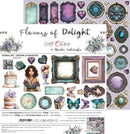 A collage sheet for 'Flowers of Delight' scrapbooking paper set by Craft O'Clock, featuring various floral, vintage frame, and ornamental designs on a light lavender background.