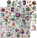 A sheet of watercolor-style stickers or decoupage elements featuring vintage-themed illustrations, including stacked gift boxes, clocks, cakes, cupcakes, hearts, and decorative motifs on a pale lavender background.
