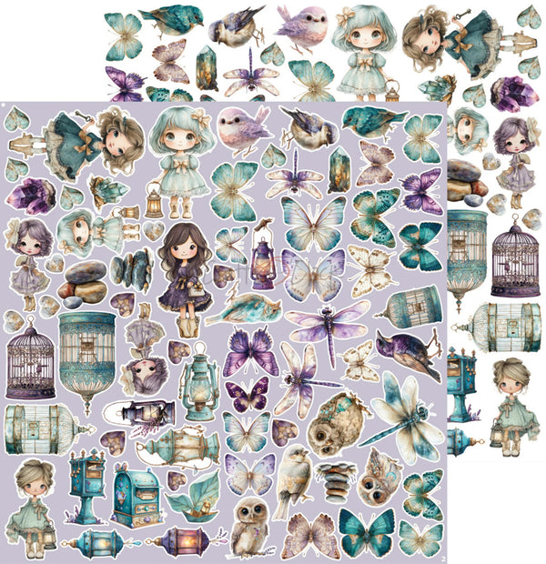 A sheet of decorative stickers featuring a whimsical pastel illustration style with chibi girls, butterflies, birds, dragonflies, birds, lanterns, crystals, and small objects on a lavender background.