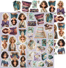A sheet of decorative stickers featuring watercolor-style illustrations of young women, books, cameras, envelopes, and small decorative motifs on a pale lavender background.
