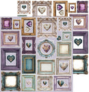 A collage of multiple decorative picture frames in vintage styles, including purple, teal, gold, and distressed beige tones, each containing heart-shaped floral or textured center art on a white background.