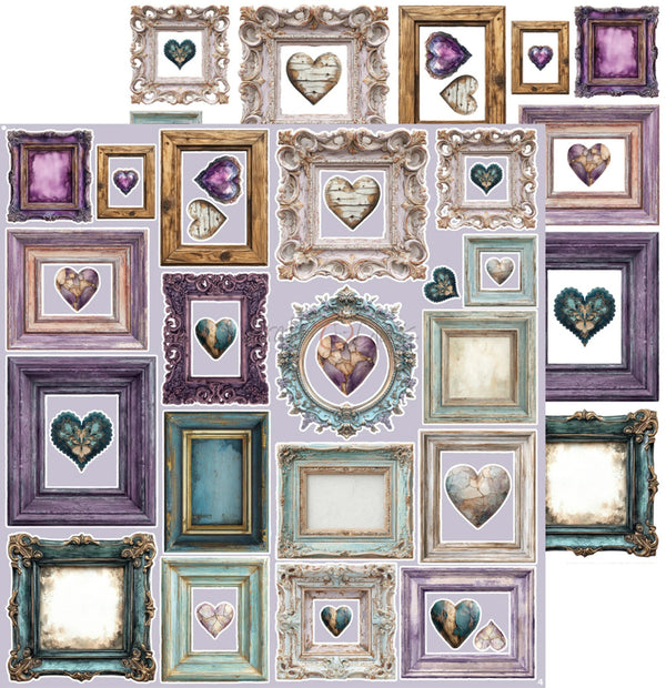 A collage of multiple decorative picture frames in vintage styles, including purple, teal, gold, and distressed beige tones, each containing heart-shaped floral or textured center art on a white background.