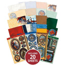 A fan arrangement of decorative paper sheets and sticker sheets with ornate stained-glass and floral designs, plus a red circular label that reads 'INCLUDES 20 SHEETS' on a white background.