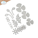 A set of silver metal die-cut craft pieces shaped like flowers, leaves, and buds, arranged on a white background. The brand logo 'Elizabeth craft designs' is visible in the top-left corner.