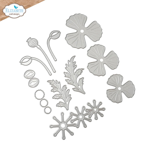 A set of silver metal die-cut craft pieces shaped like flowers, leaves, and buds, arranged on a white background. The brand logo 'Elizabeth craft designs' is visible in the top-left corner.