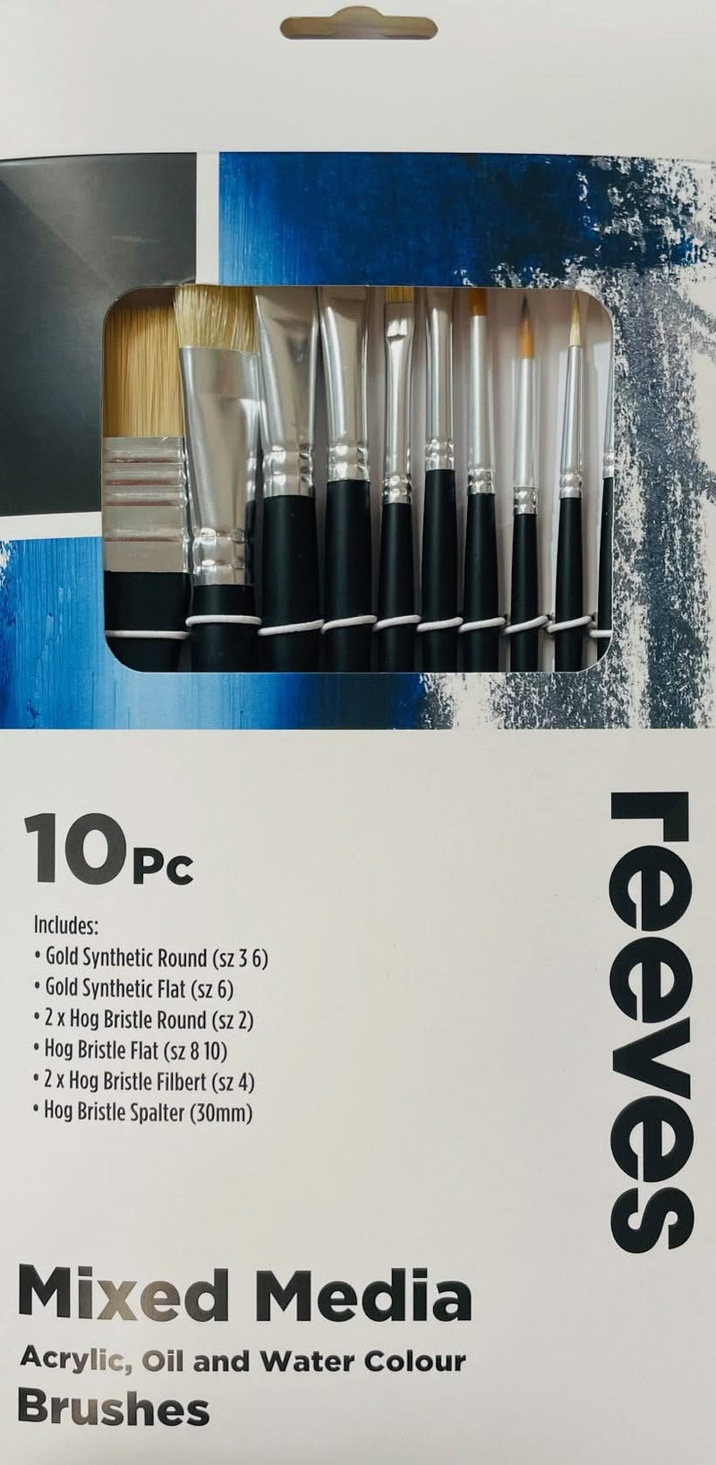 Reeves Mixed Media Brushes Short Handle Set of 10 - No. 2, 3 & 6 Round; No. 6, 8 & 10 Flat; No. 4 Filbert; 30mm Spalter