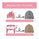 Comparison of weaving a hat using a machine versus traditional hand knitting on a pink background.